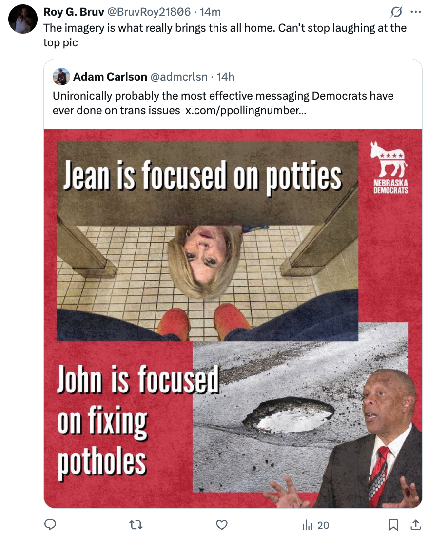 Tweet mocking politics with an upside-down person in a bathroom labeled "Jean is focused on potties" and a person near a pothole labeled "John is focused on fixing potholes."