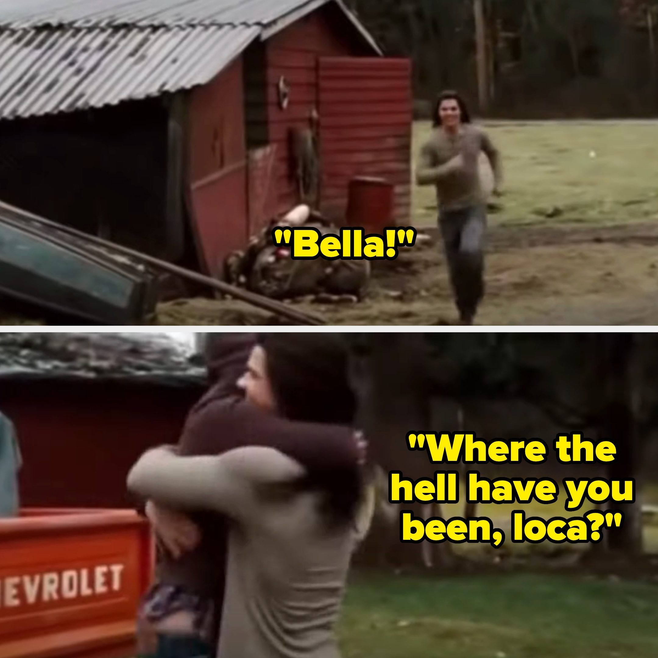 Two people embrace joyfully outside a rustic barn-like structure