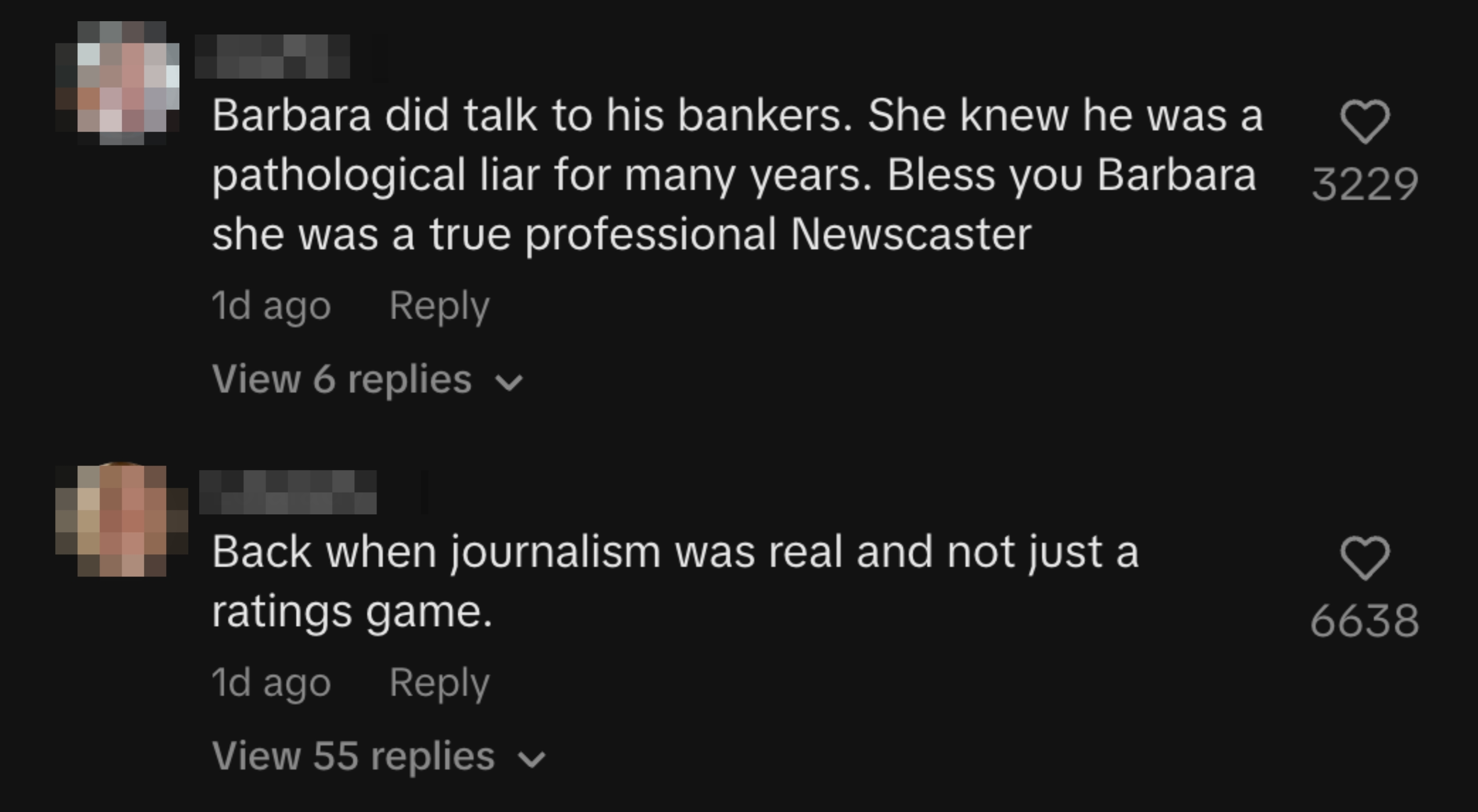 Comments on journalism's integrity, praising Barbara as a true newscaster and reflecting on the media's focus on ratings