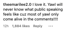 Comment about loving public speaking and noting that most people only express themselves in comments, not on stage