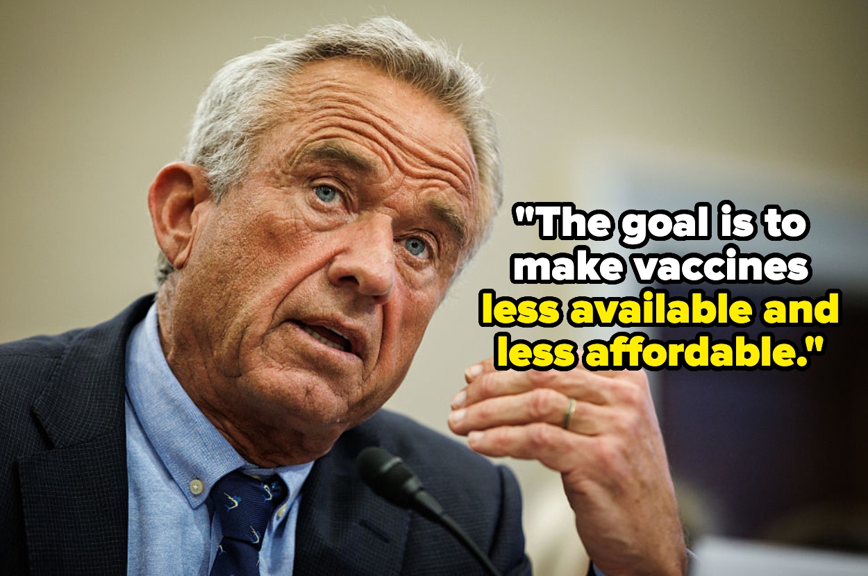 RFK Jr. speaking at a hearing with a quote next to him: "The goal is to make vaccines less available and less affordable."