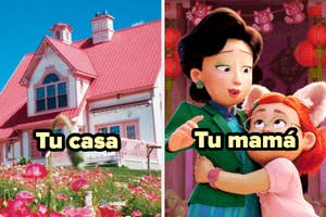 Collage humorístico con texto: "Tu casa" sobre una casa de campo y "Tu mamá" sobre personajes animados abrazándose