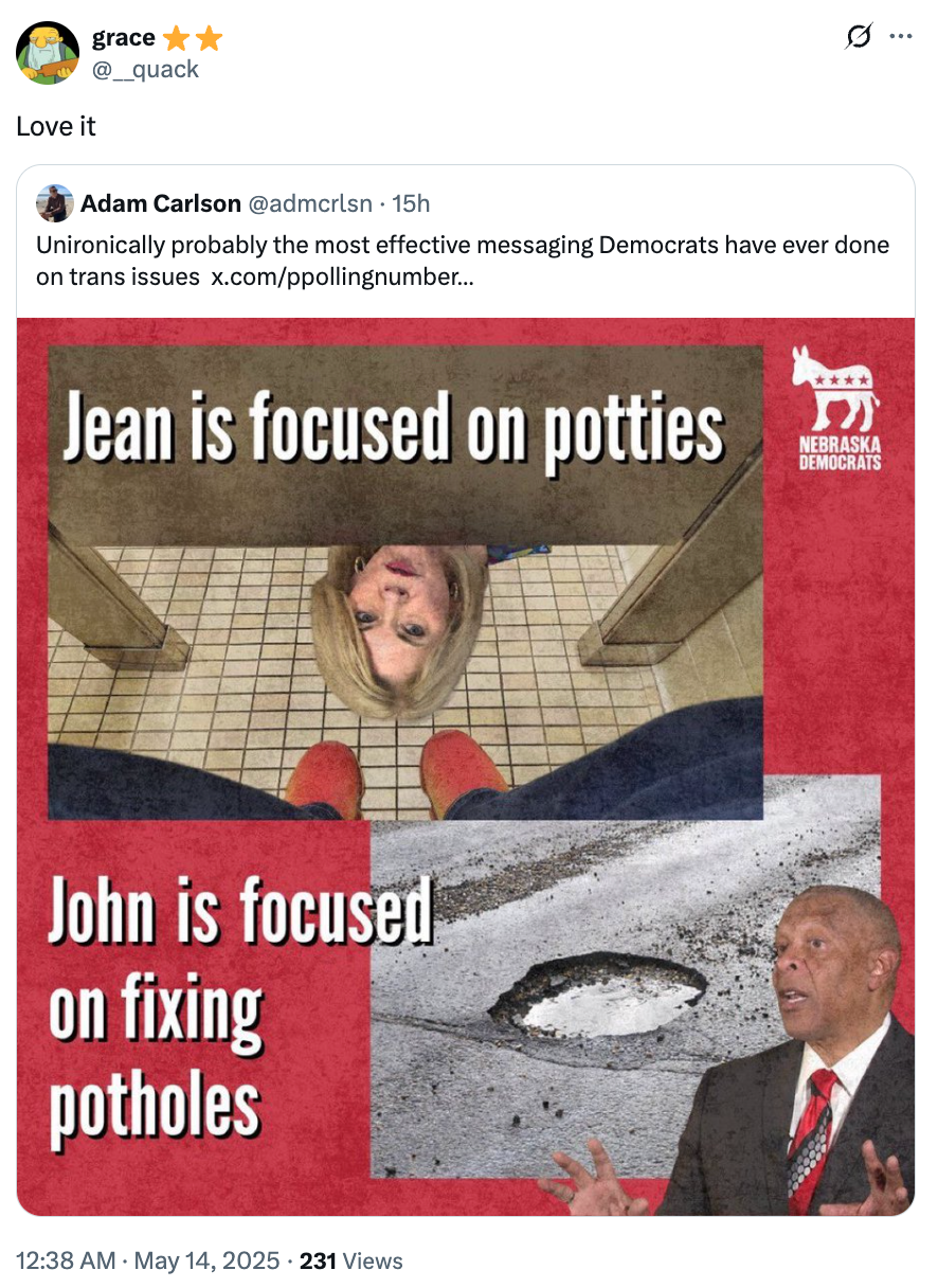 Tweet by grace: "Love it." The image shows a meme. Top: Woman upside down with text, "Jean is focused on potties." Bottom: Man in suit, text, "John is focused on fixing potholes."