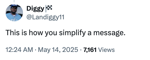 Tweet by user @Landiggy11: "This is how you simplify a message." 7,161 views. Date: May 14, 2025