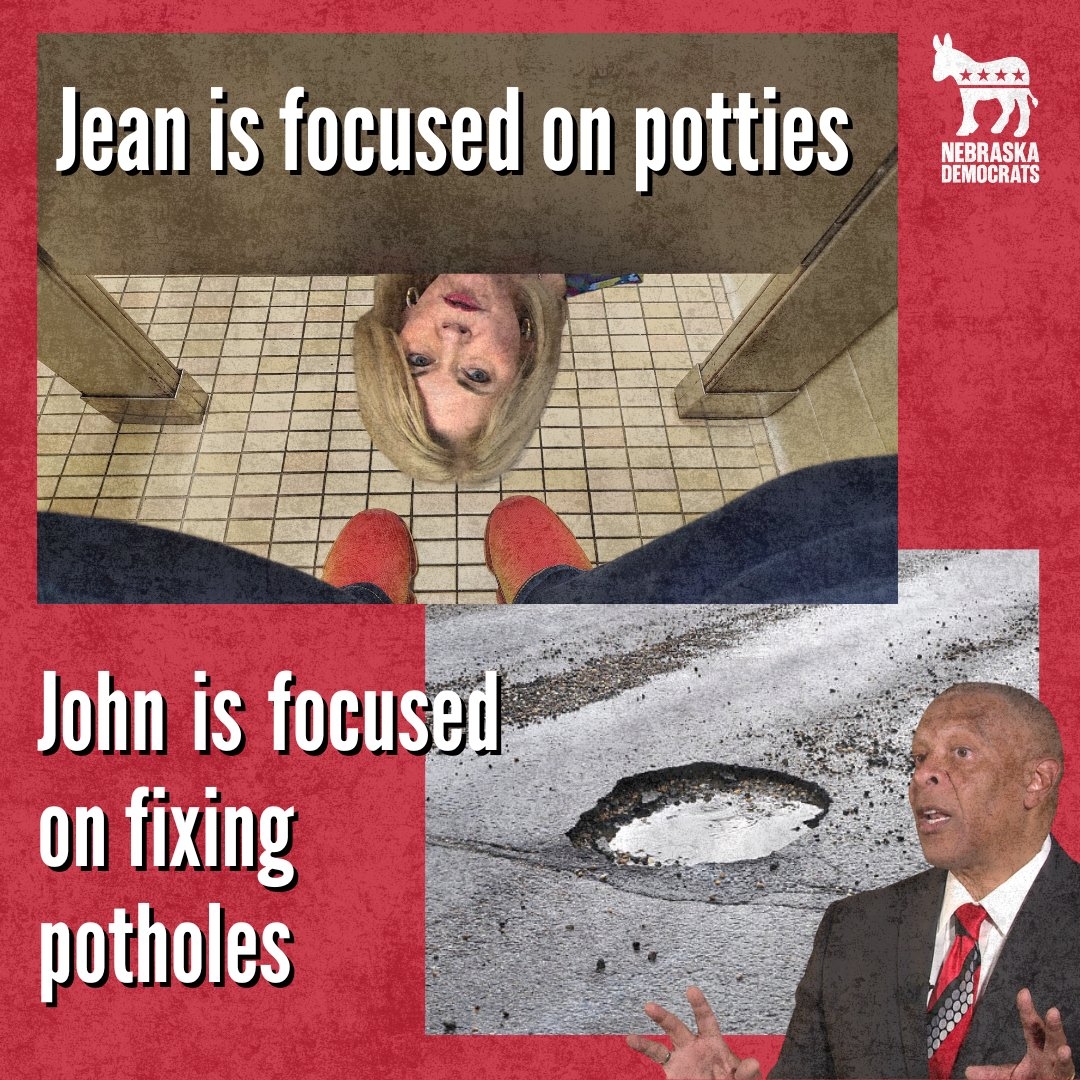 Split image comparing priorities: top shows woman under bathroom stall with text "Jean is focused on potties"; bottom shows pothole and man with text "John is focused on fixing potholes."