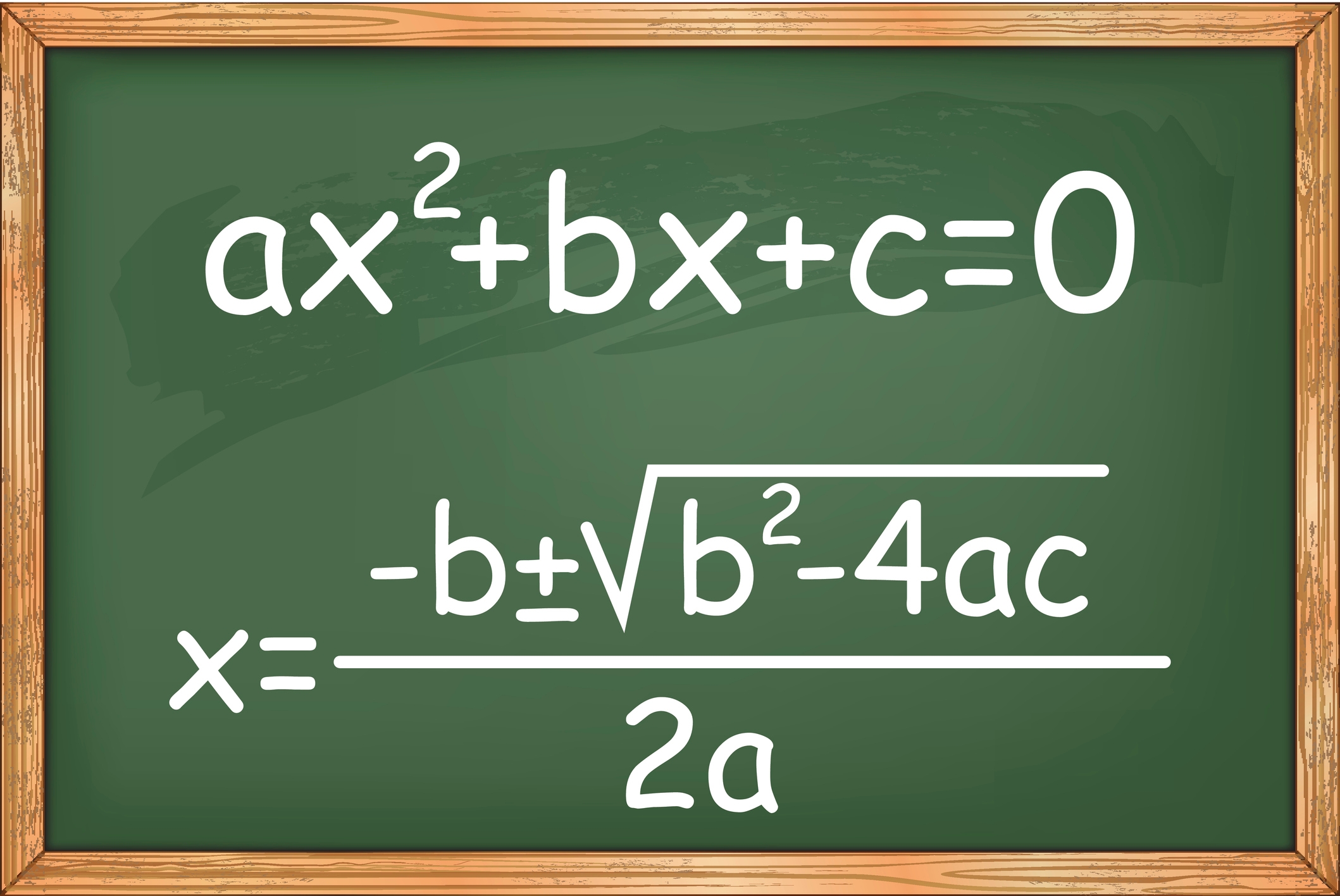 Quadratic formula with ax² + bx + c = 0 on a chalkboard