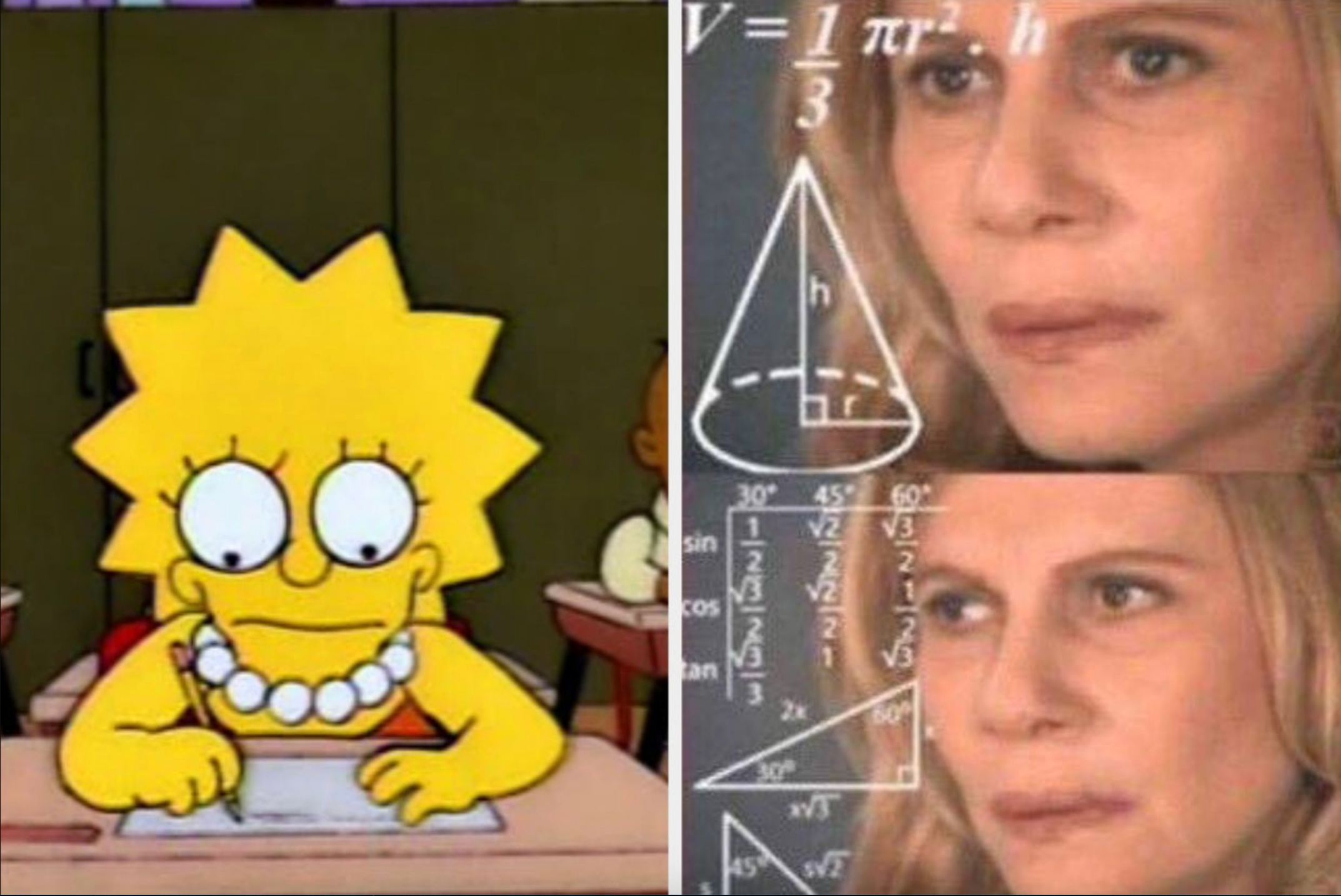 Lisa Simpson doing math on left; on right, a woman looks puzzled at math equations overlayed on her image