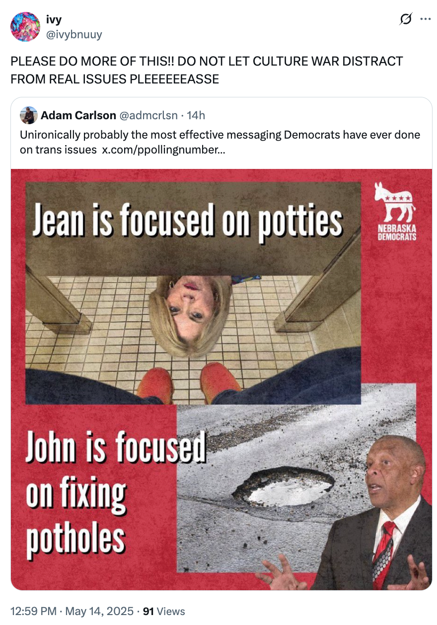 Tweet with a meme contrasting focus on potties vs potholes. Text emphasizes prioritizing real issues over culture wars