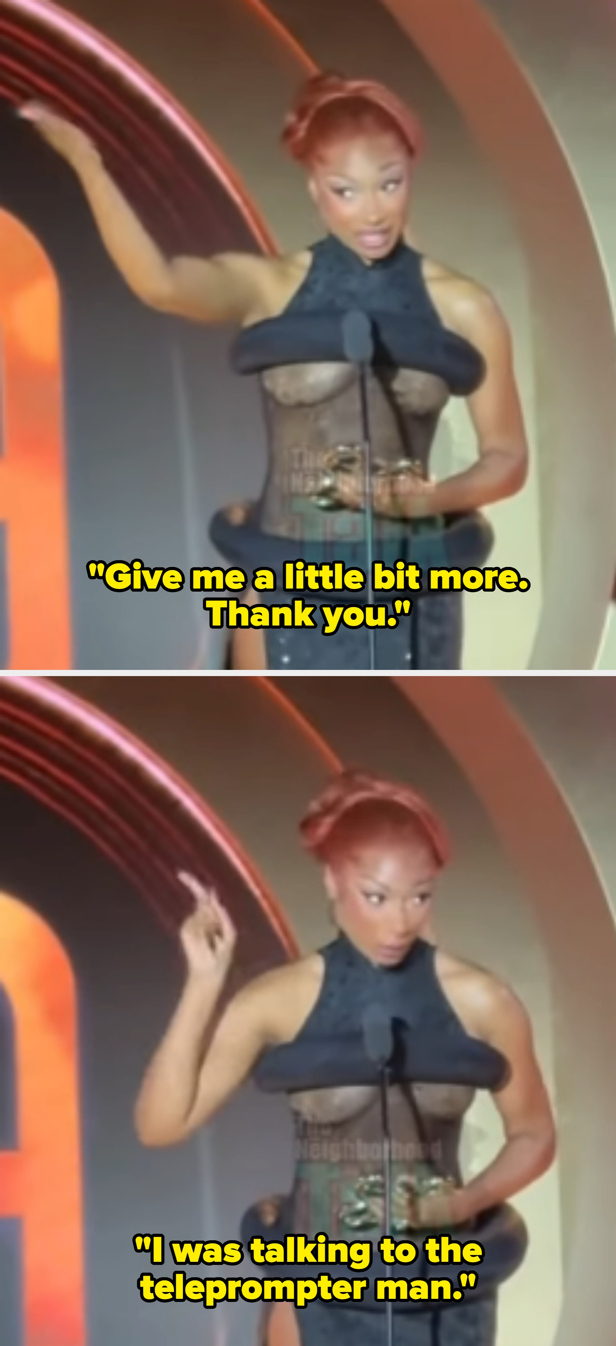 Person in an elegant, form-fitting dress speaks passionately at a podium, gesturing with one hand raised
