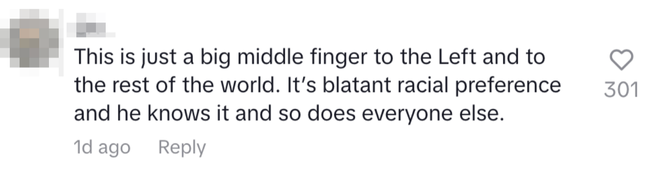 Comment criticizing racial preference, accusing it of being deliberate and offensive to the political left and others
