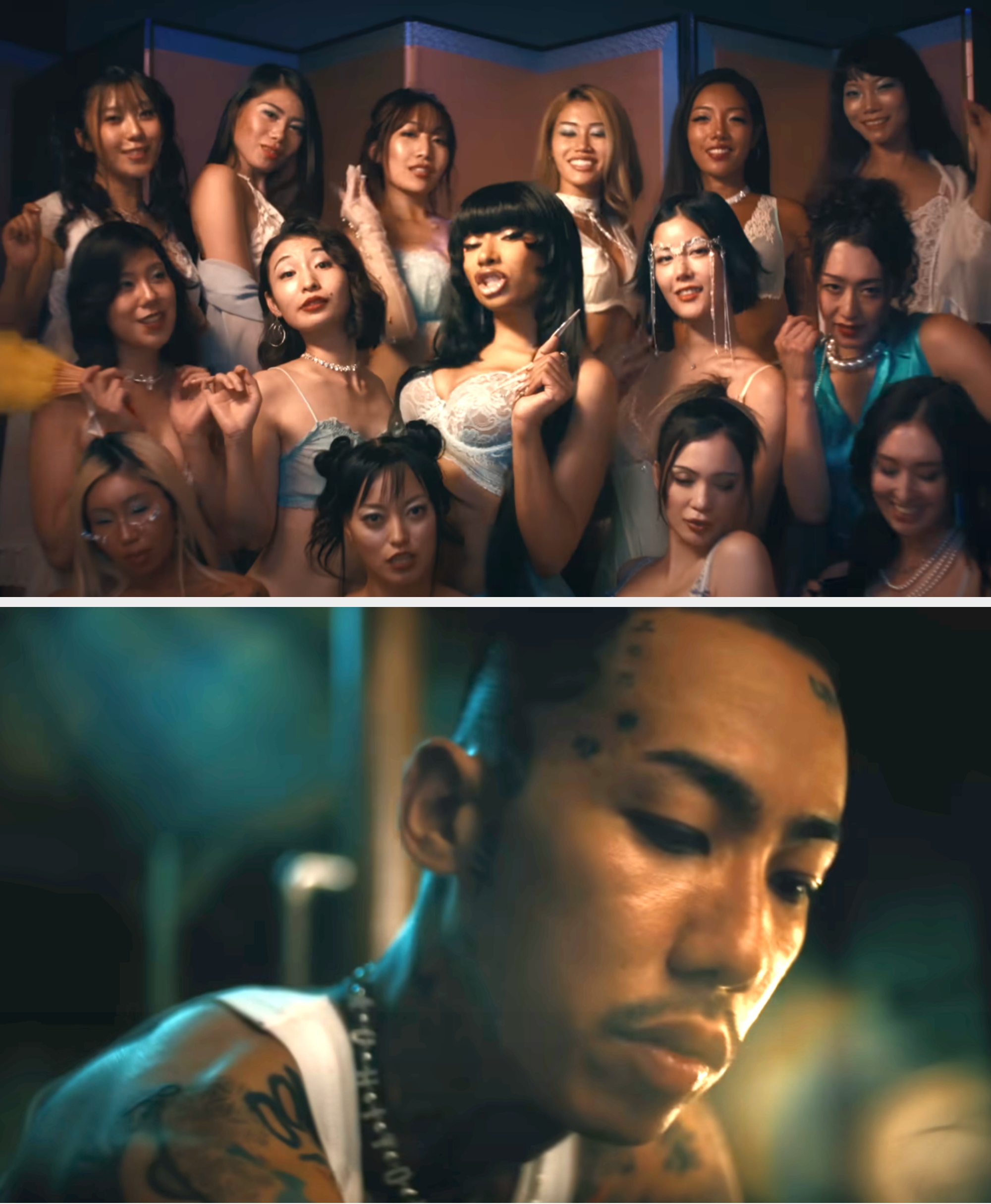 Person with tattoos and a focused expression, wearing a white tank top, in a close-up shot