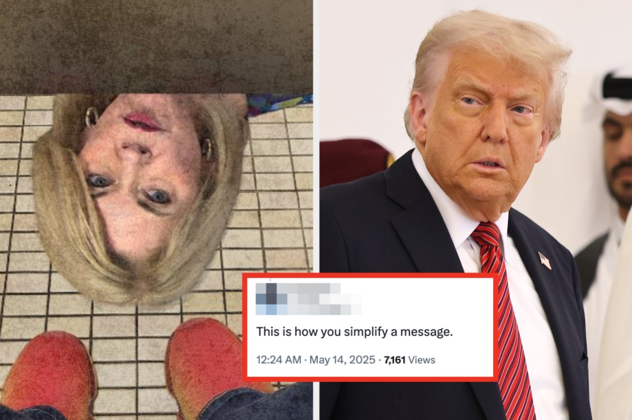 Upside-down image of a woman's face by feet, with an inset of a man in a suit looking sideways; caption reads, "This is how you simplify a message."