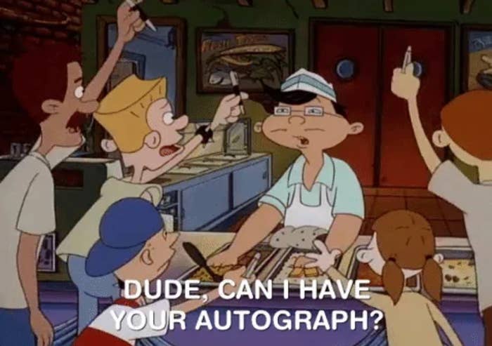 Animated scene with a group of kids requesting an autograph from a cartoon character working at a sandwich shop