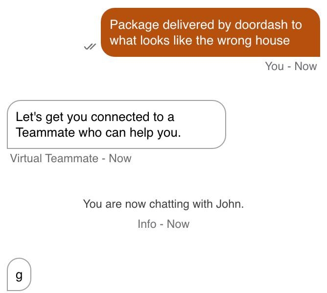 Screenshot of a Doordash chat where a user reports a delivery issue. A virtual teammate forwards them to a human agent named John