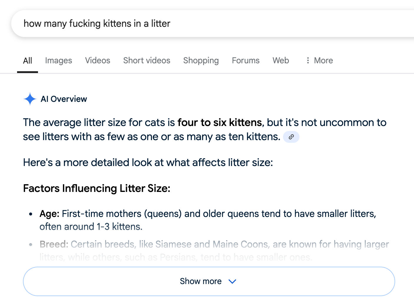Search results for the query how many fucking kittens in a litter with an AI generated summary