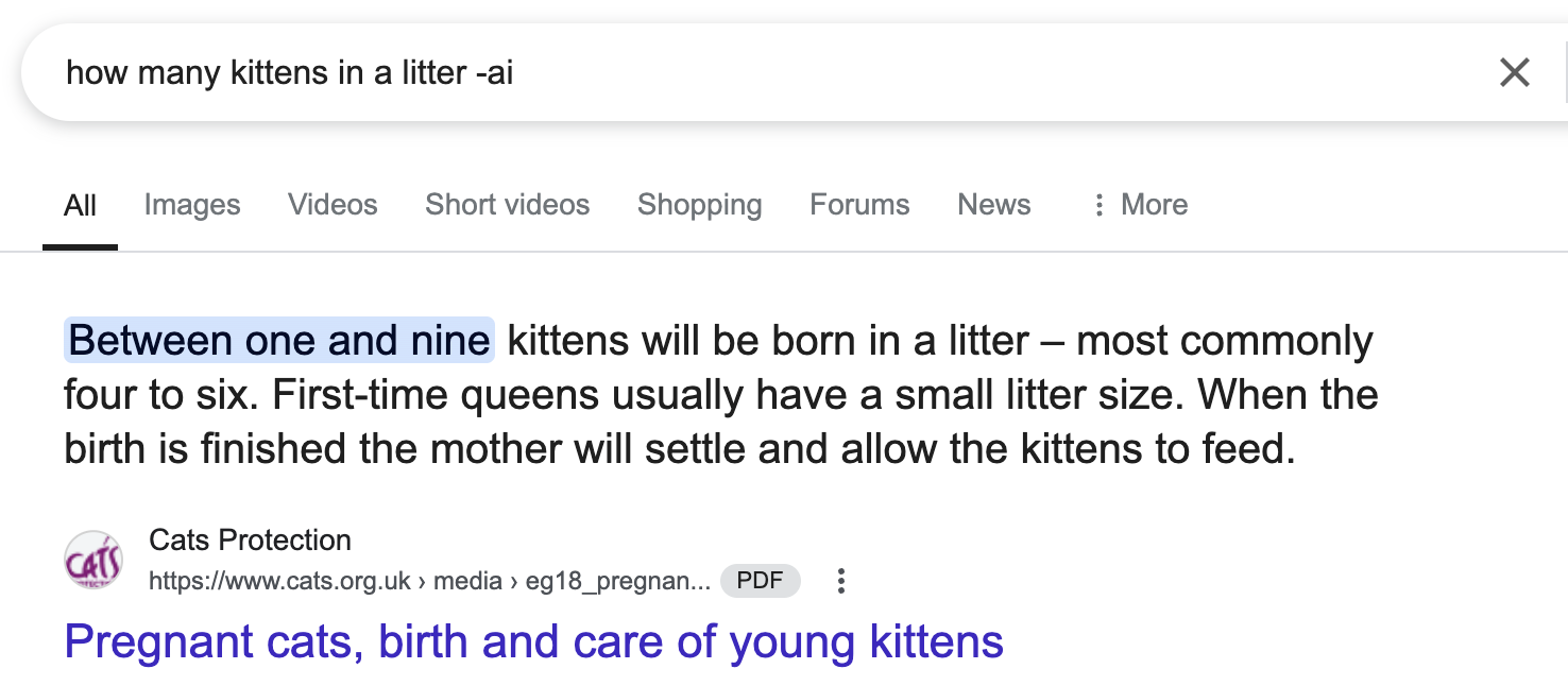 Search result snippet with information on kittens in a litter, stating usually between one and nine kittens are born, with four to six being common