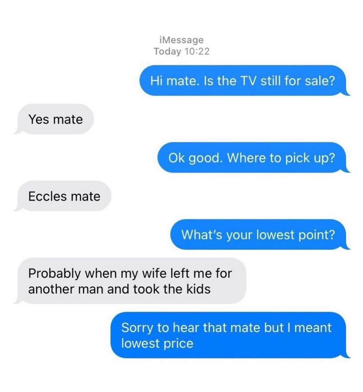 Text conversation about buying a TV turns humorous when "lowest point" is misinterpreted as "lowest price."
