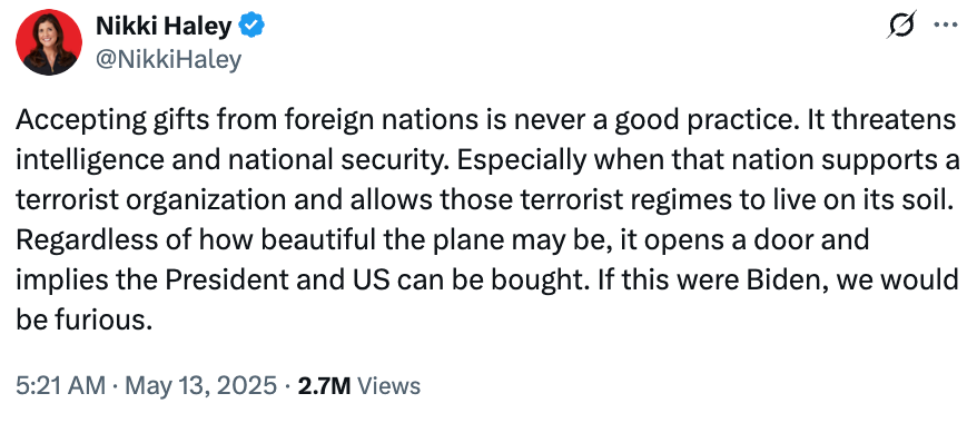 Text post by Nikki Haley criticizing the acceptance of gifts from foreign nations, citing national security risks and urging equal scrutiny for all leaders