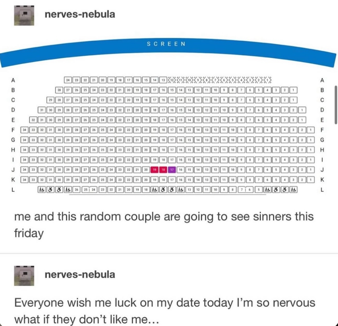 Seating chart meme highlighting two booked seats together in a theater, with captions about going on a date and anxieties of being liked