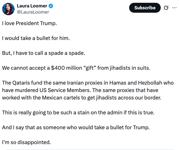 Laura Loomer expresses support for Trump but criticizes accepting funds linked to jihadists, mentioning proxies and a $400 million gift from Qataris