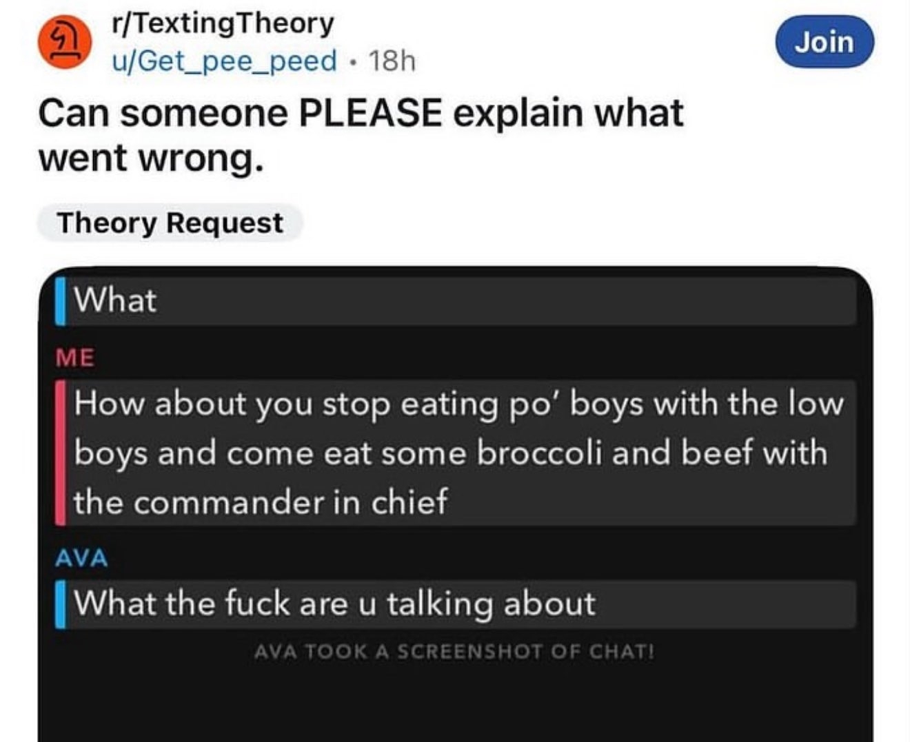 Screenshot of a text exchange where one person mentions eating po' boys with the president, and the other expresses confusion