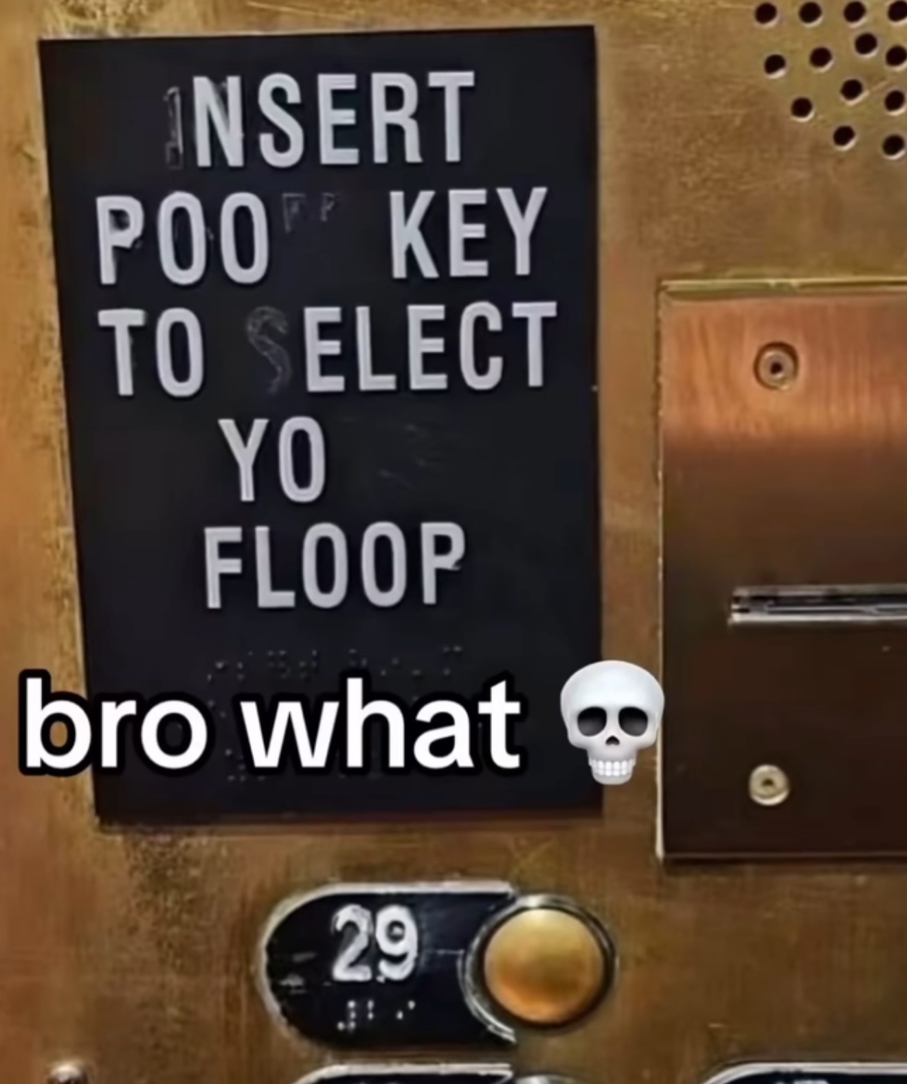 Sign on wall humorously reads: "Insert poop key to select yo floop," with "bro what" and a skull emoji added