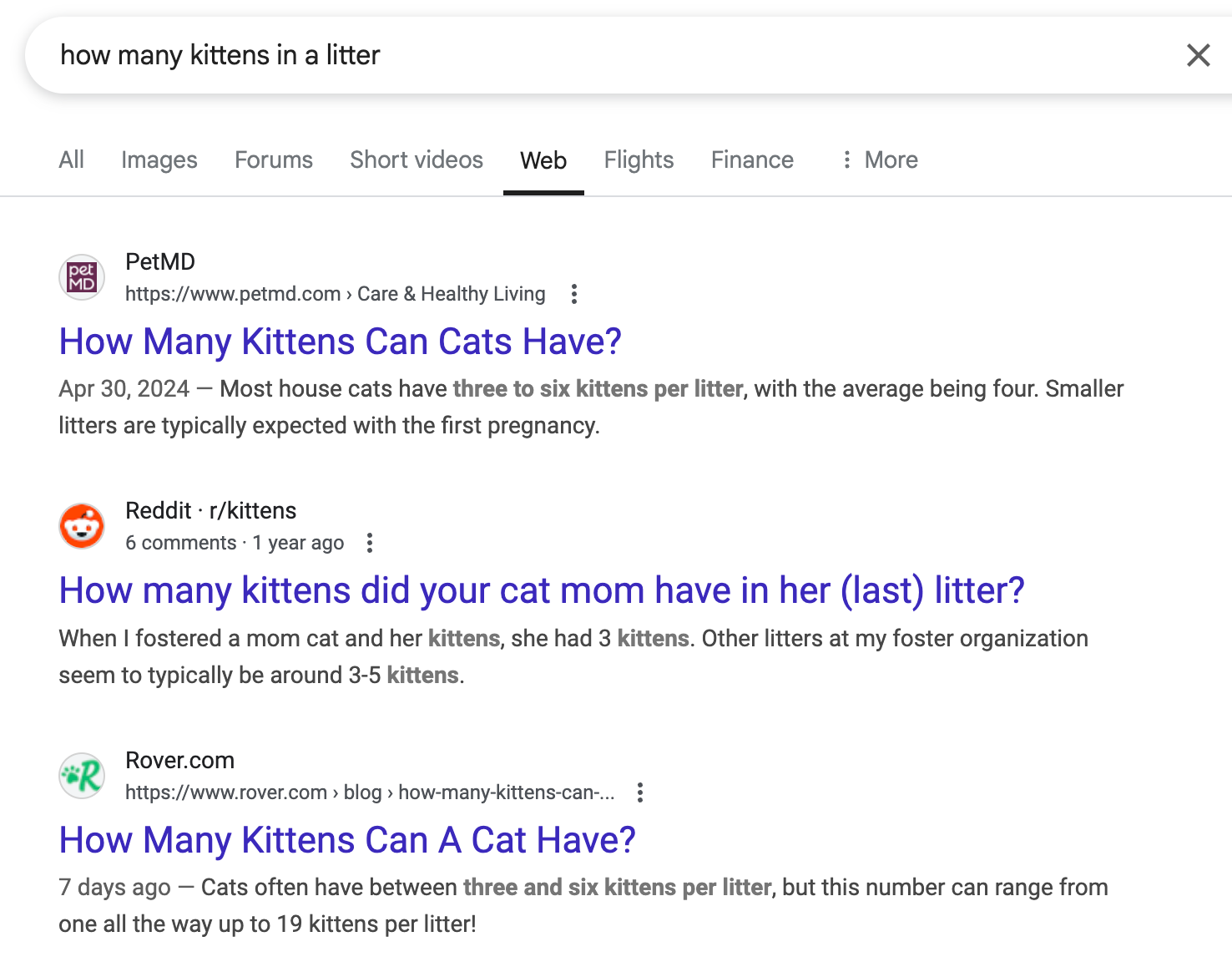 Search results showing information on the number of kittens in a cat litter, ranging from three to six, with possibilities up to 19