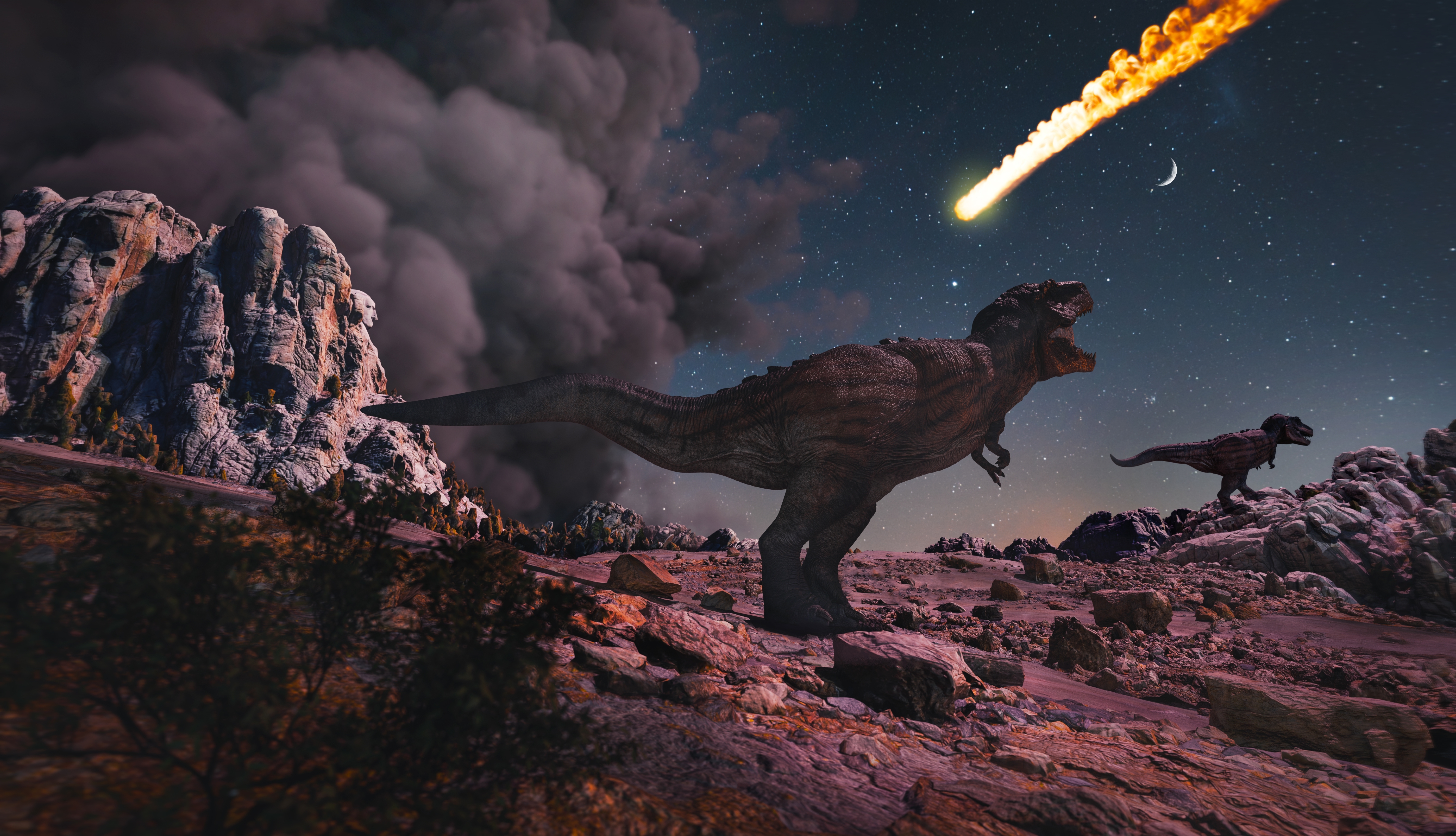 Two dinosaurs roar as a meteor streaks across the night sky, with rocky terrain and smoke in the background