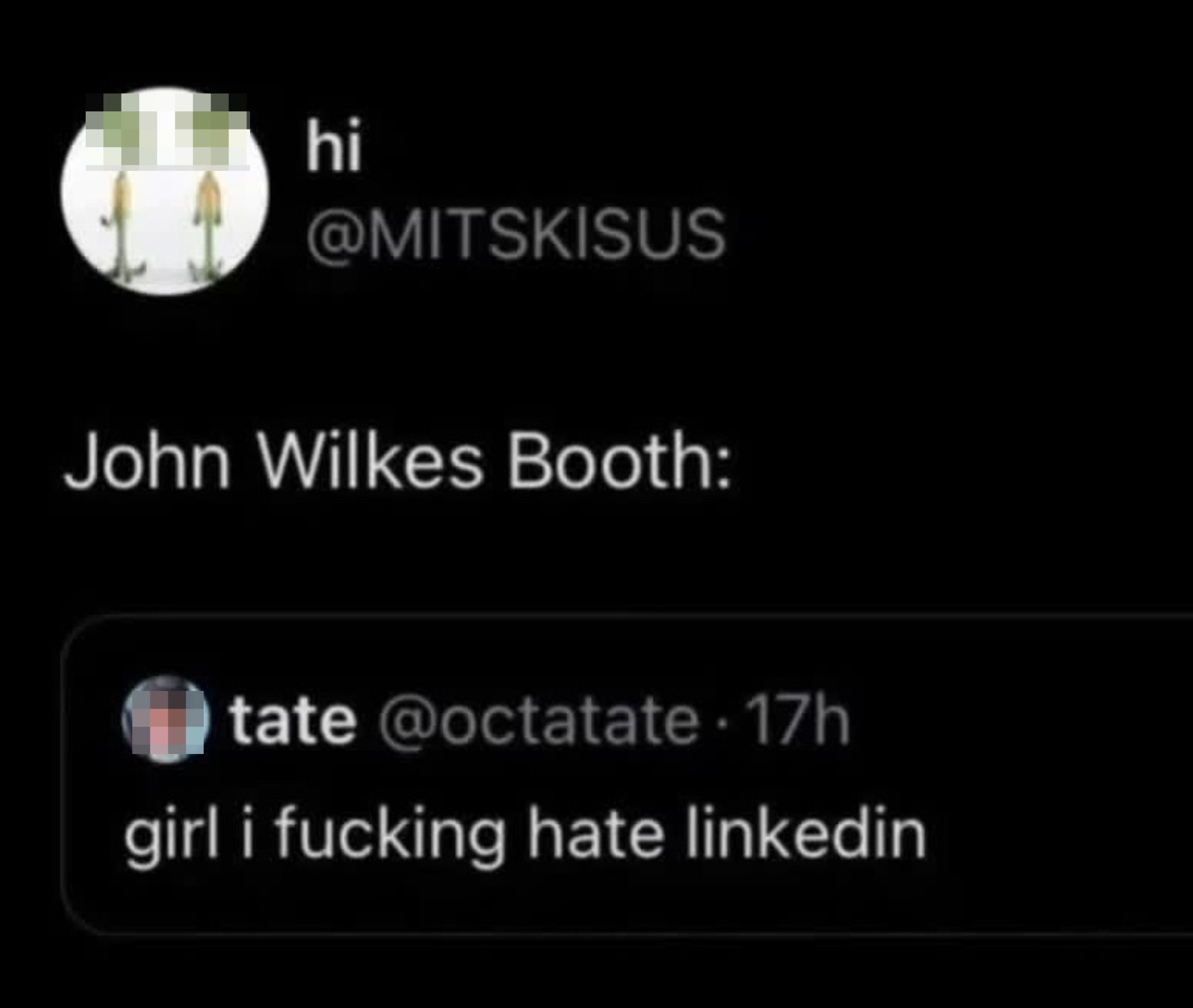 Screenshot of a tweet by @MITSKISUS with the handle @octatate quoted saying, "girl i f***ing hate linkedin."