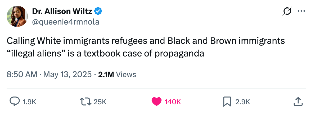 Tweet by Dr. Allison Wiltz highlights the discrepancy in labels for White immigrants as &quot;refugees&quot; and Black/Brown immigrants as &quot;illegal aliens.&quot;