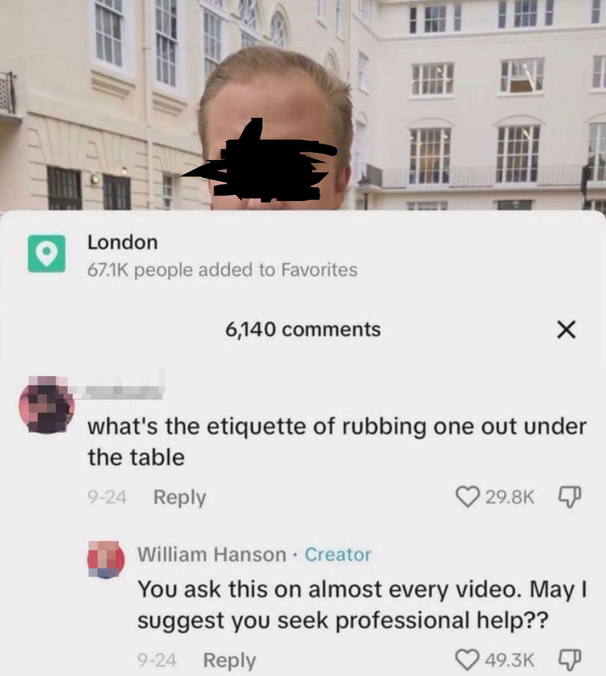 Image shows a social media post. User asks about etiquette for a private act under the table; the creator suggests seeking professional help