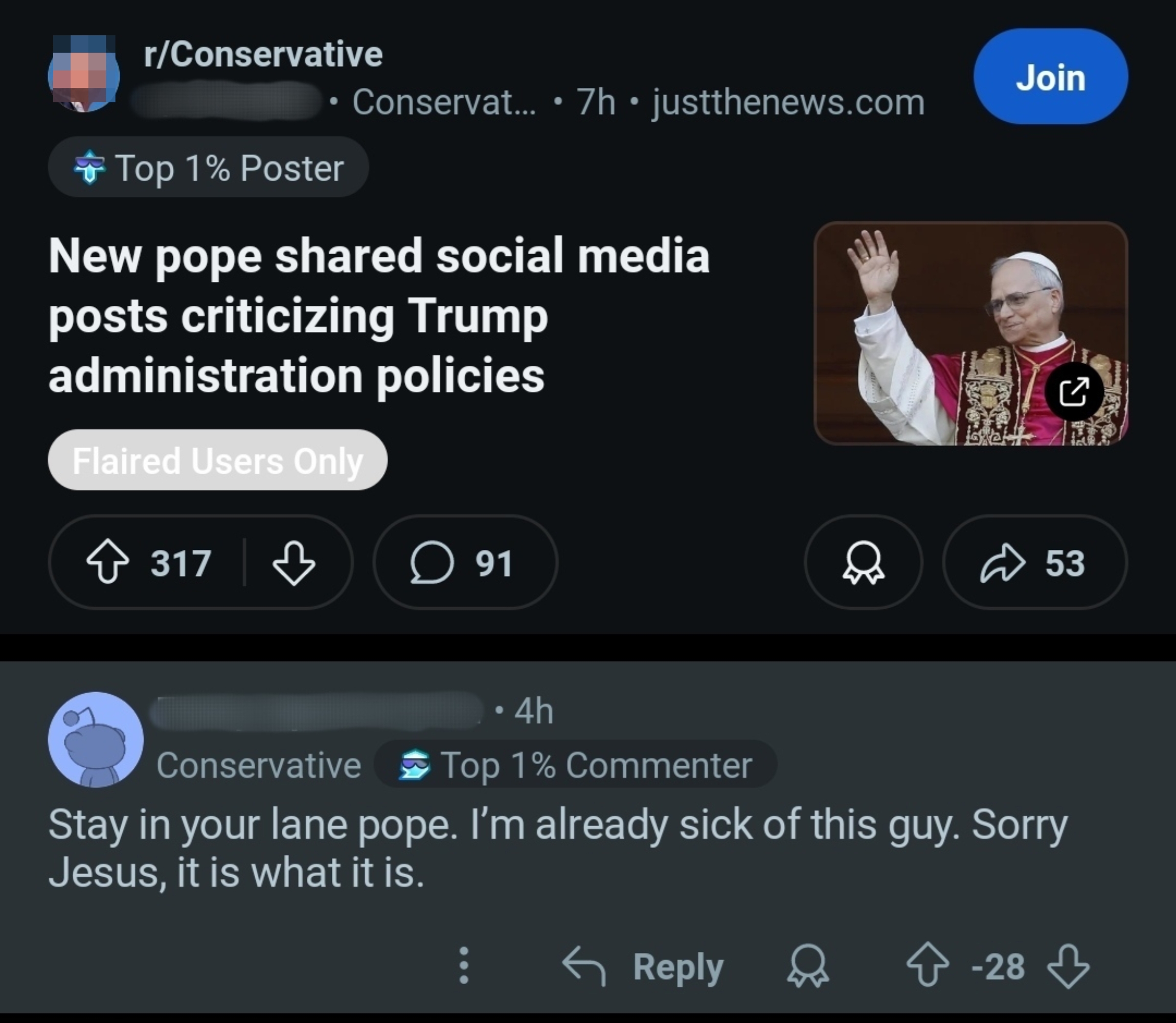 Screenshot of a social media post discussing a new pope sharing posts critical of Trump, with a comment expressing dissatisfaction with the change