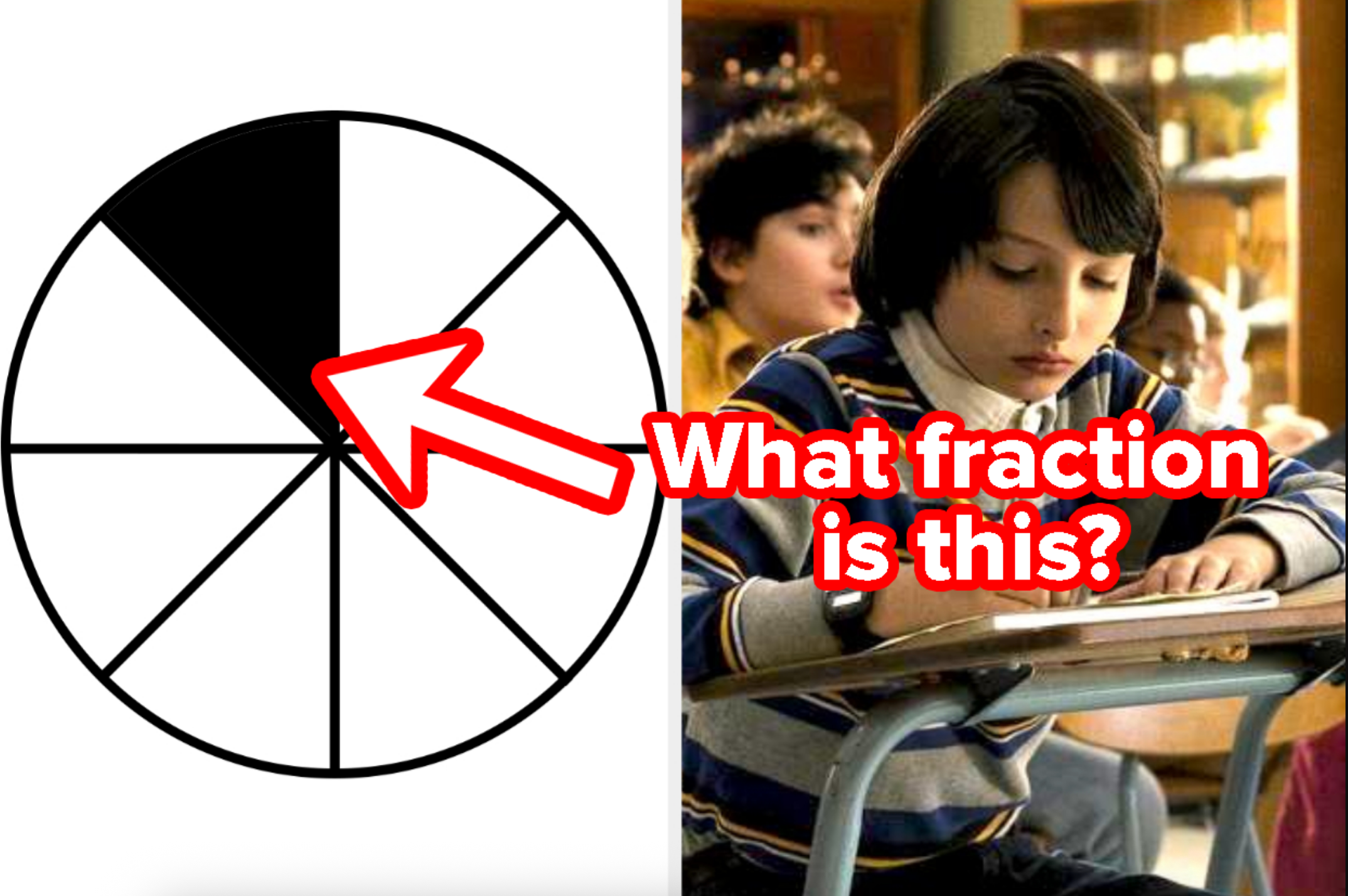 Circle divided into 8 parts with 1 shaded. Red arrow points to shaded part. Text asks, &quot;What fraction is this?&quot; Boy studying at a desk nearby