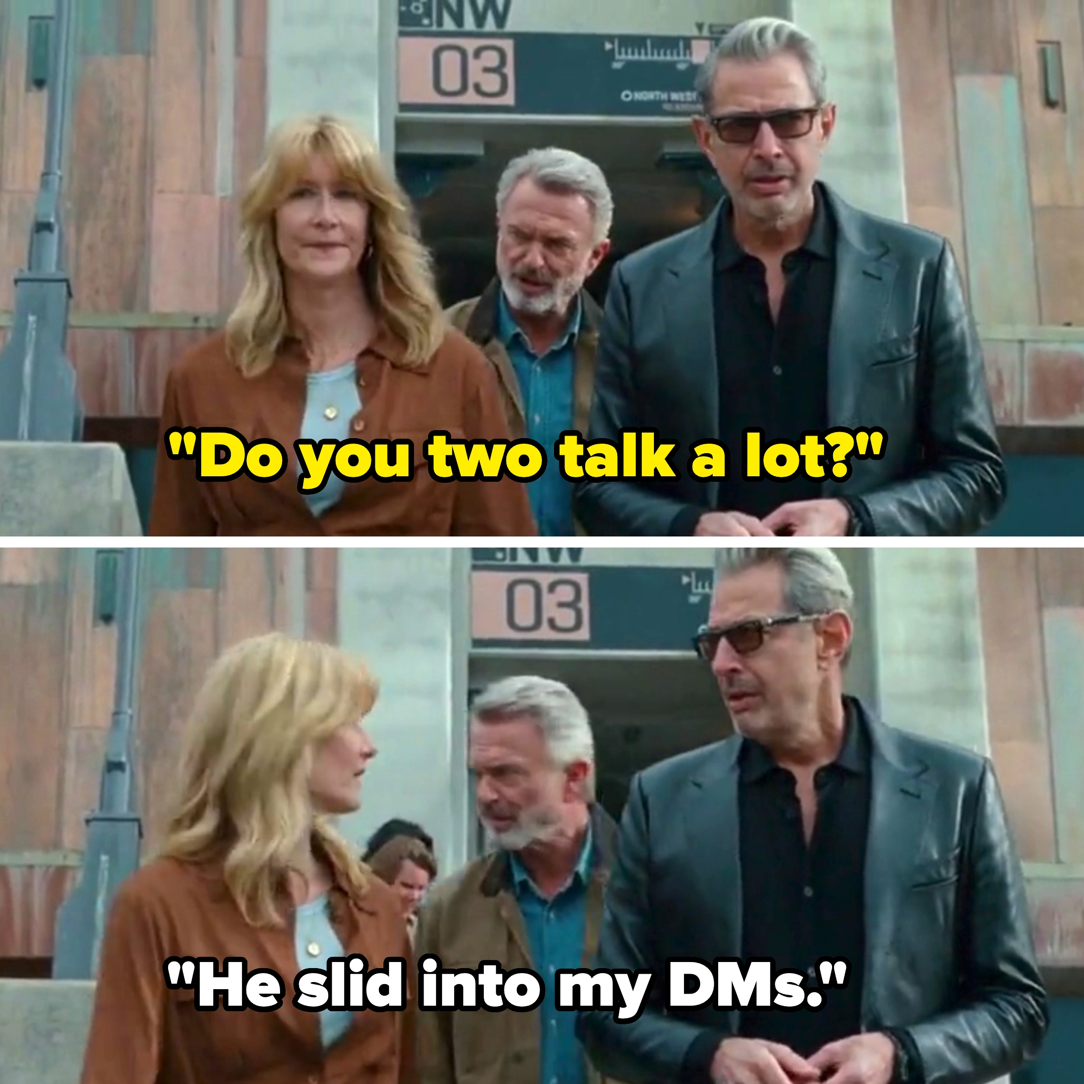 Three people are walking together. The man on the right wears a leather jacket, and the woman wears a button-up shirt