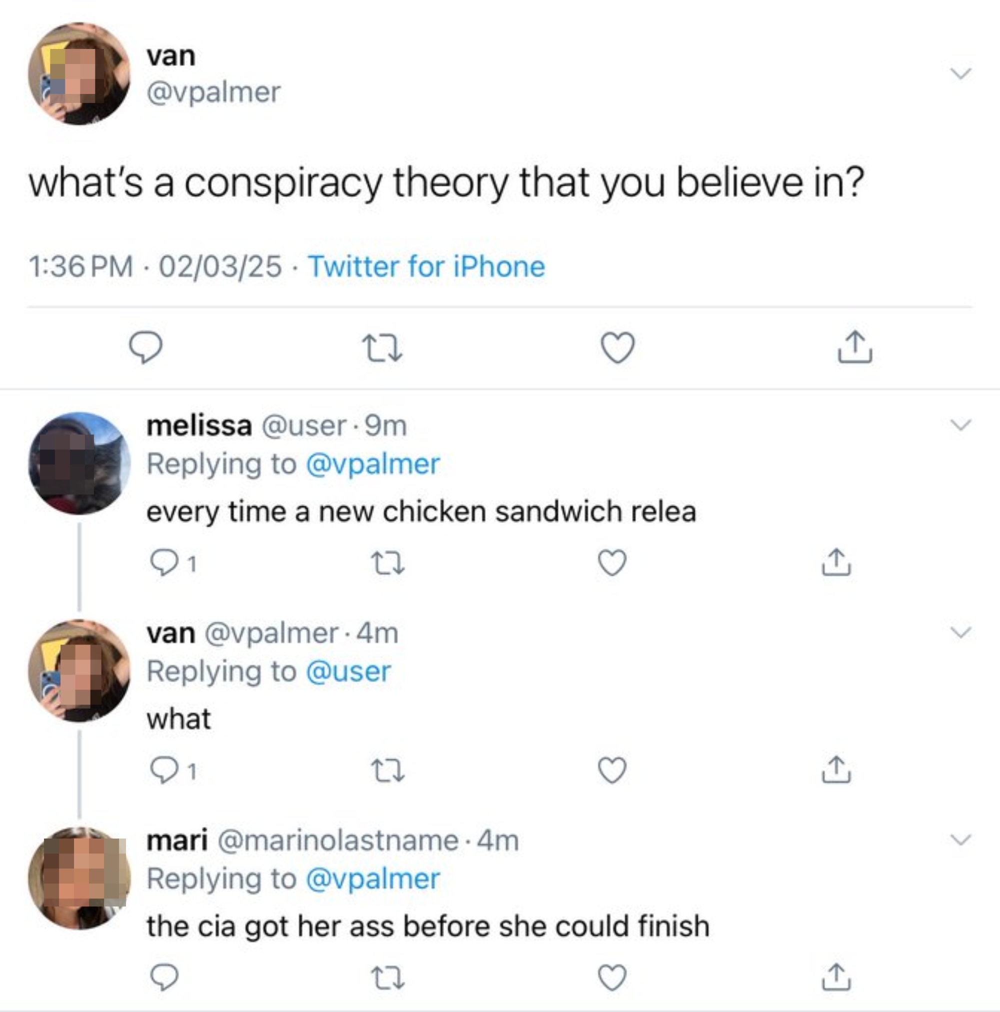 Social media post: "What's a conspiracy theory you believe in?" Replies humorously mention chicken sandwiches and the CIA