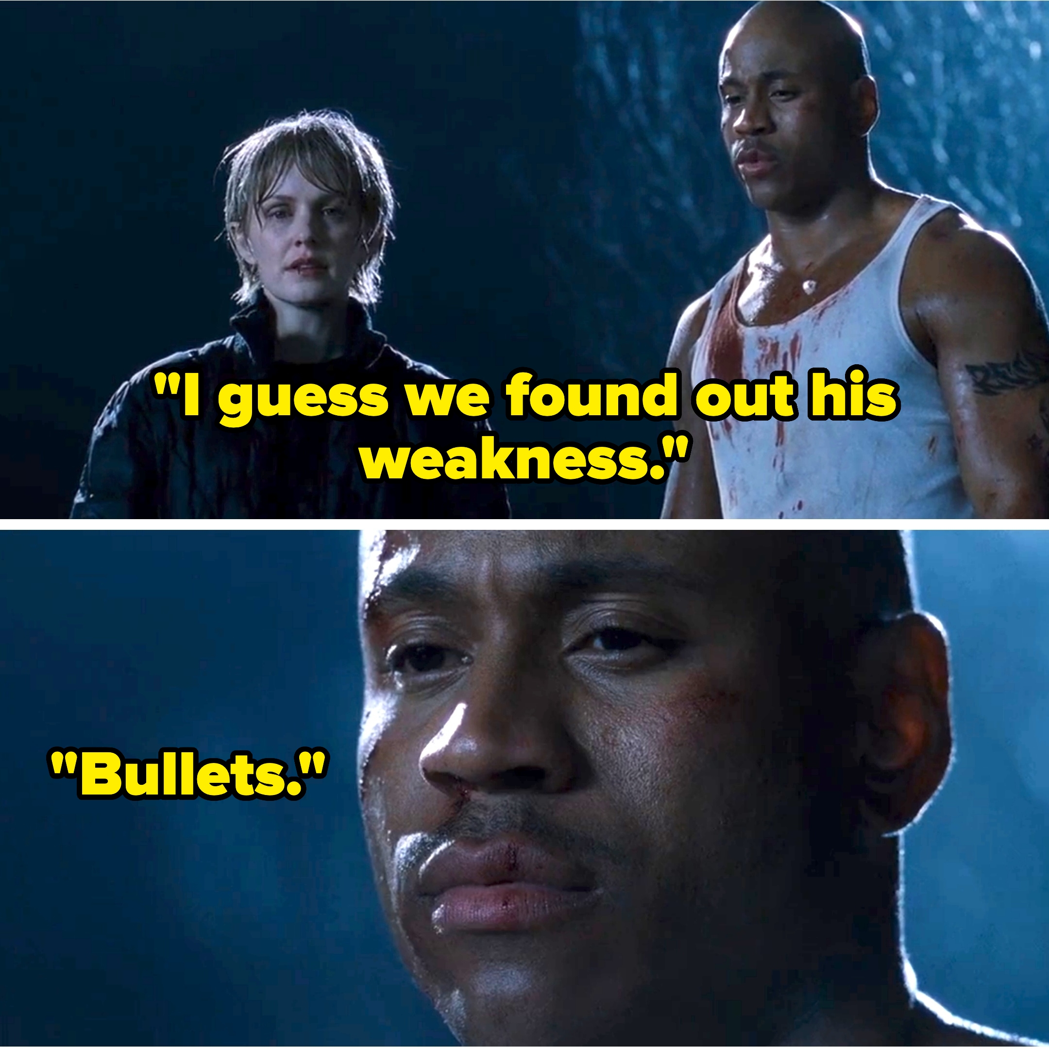 Two people stand in a tense scene; one wears a jacket, the other a tank top with visible scratches and a serious expression