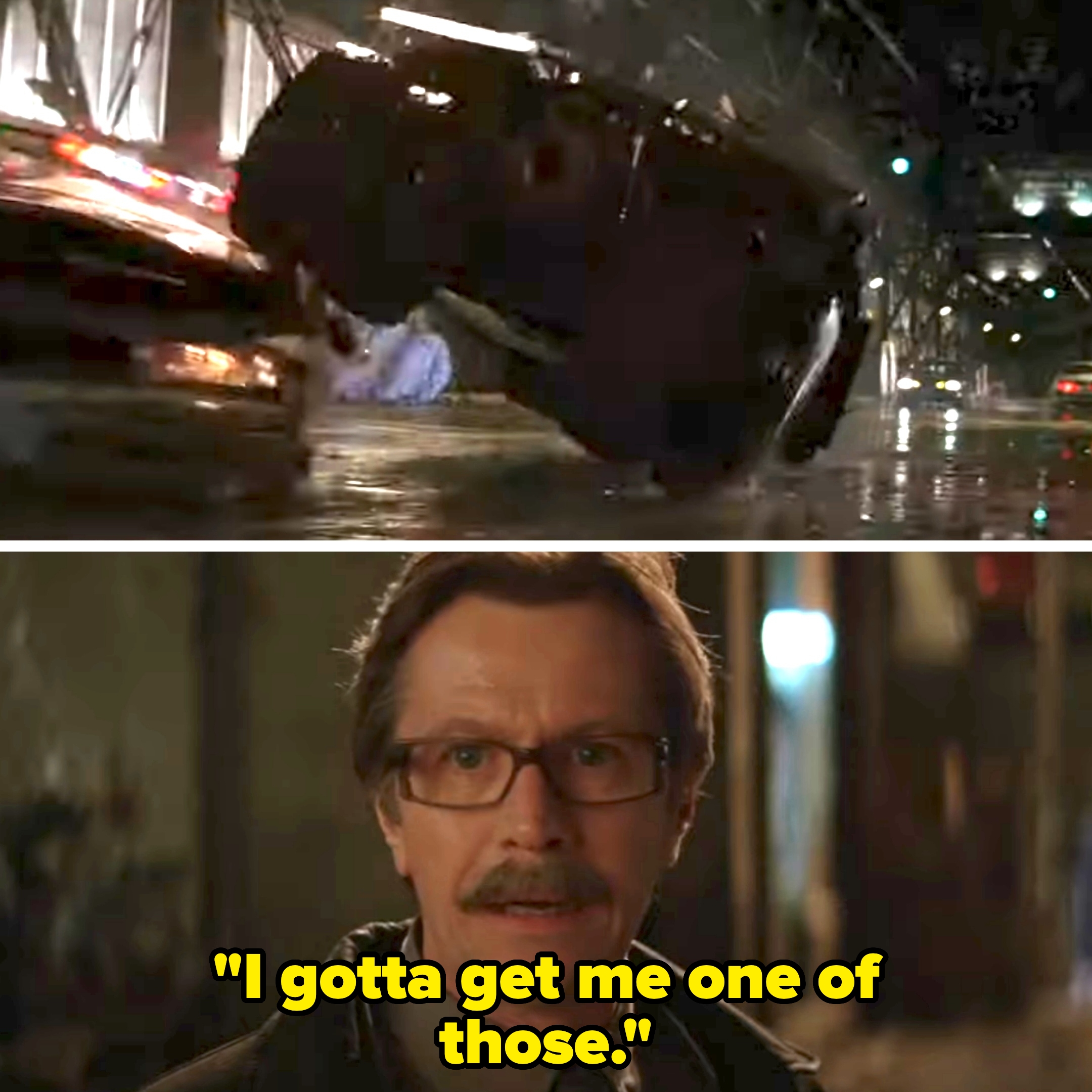 Car flips during a dramatic scene; below, a man with glasses and a mustache looks concerned