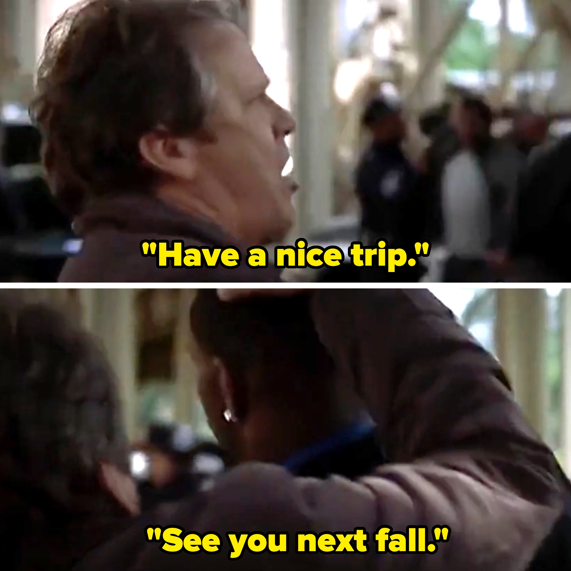 A cop puts a man in a police car and says "have a nice trip, see you next fall"