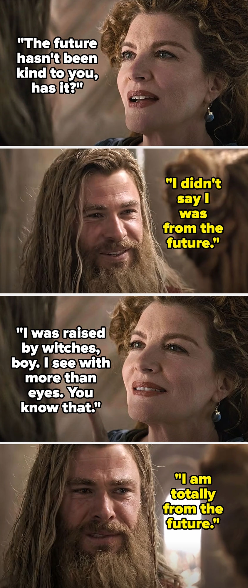 Two people with long hair and beards have a humorous conversation about being from the future