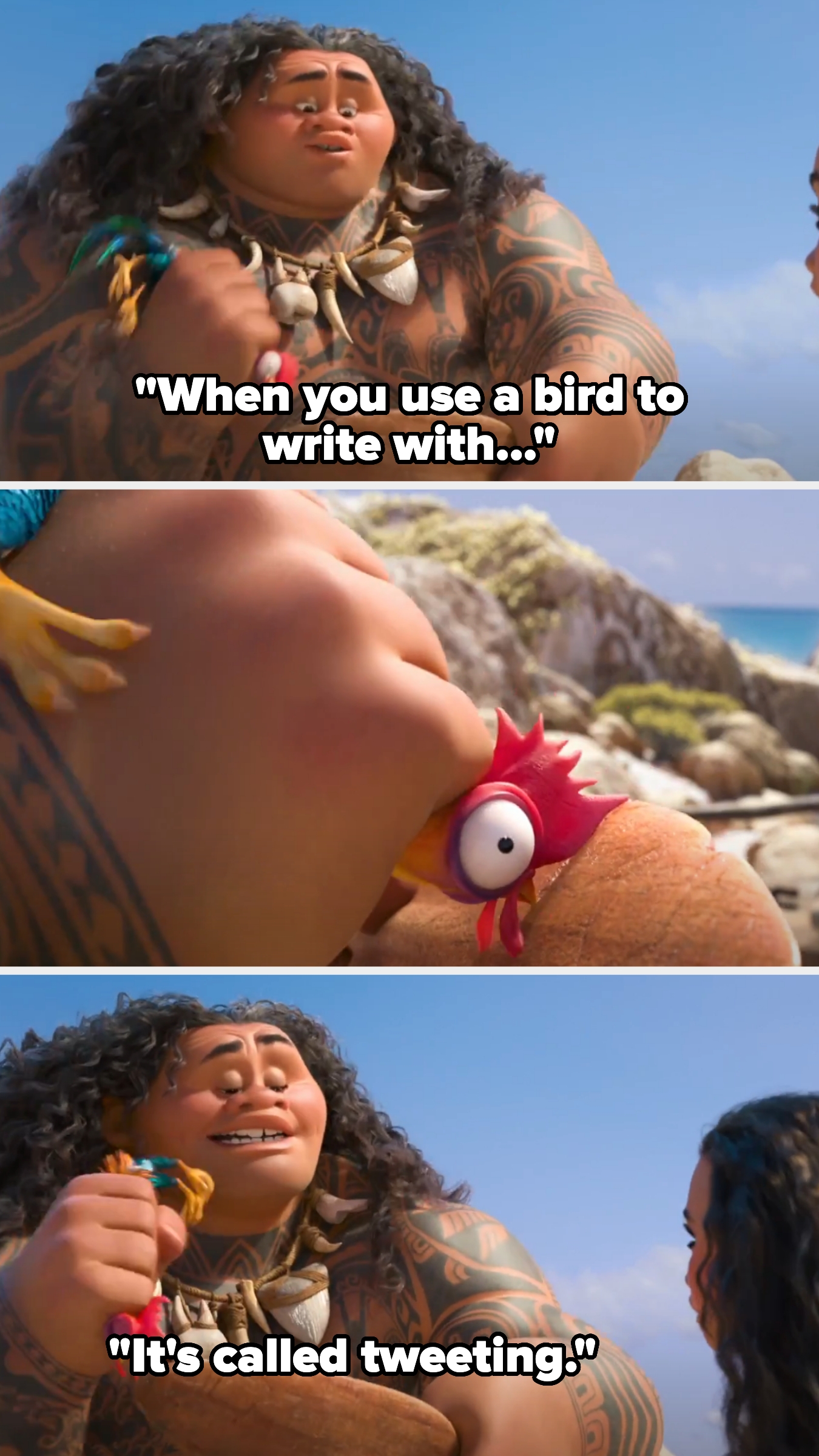 Animated character with tattoos humorously explains using a bird to write is called "tweeting" to another character on a rocky beach