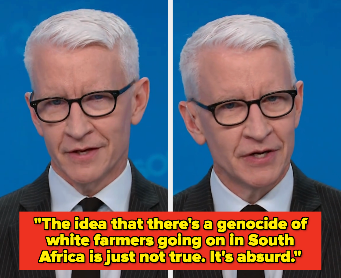 A person with white hair and glasses on TV, overlaid text debunks a myth about genocide in South Africa