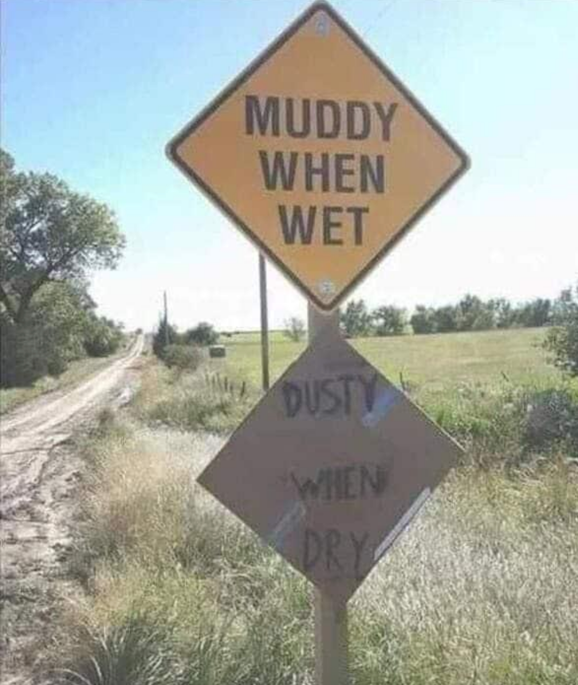 Road sign on a rural road reads "Muddy When Wet" and "Dusty When Dry," highlighting varying conditions based on weather