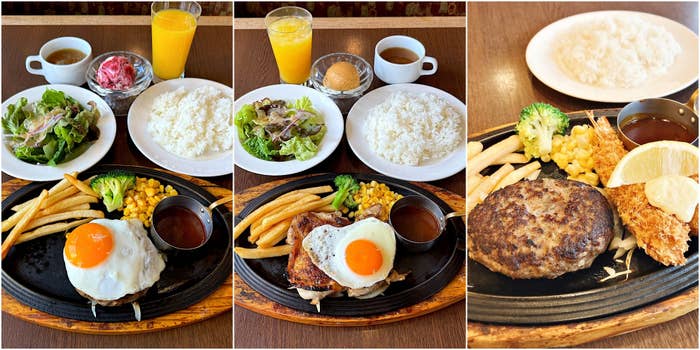 テーブルに盛り付けられた3つの異なるステーキ・ライスセットが並ぶ。サラダ、フライドポテト、ジュース付き。