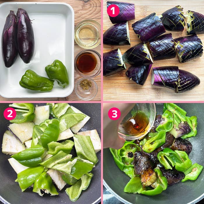 ナスとピーマンを使った調理手順を示す3段階。ナスとピーマンを切り、炒め、ソースを加えている。