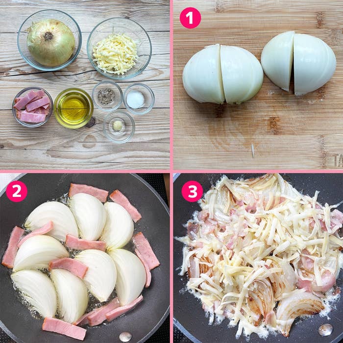 玉ねぎ、チーズ、ベーコンの炒め物を作る手順。材料と調理プロセスが示されています。