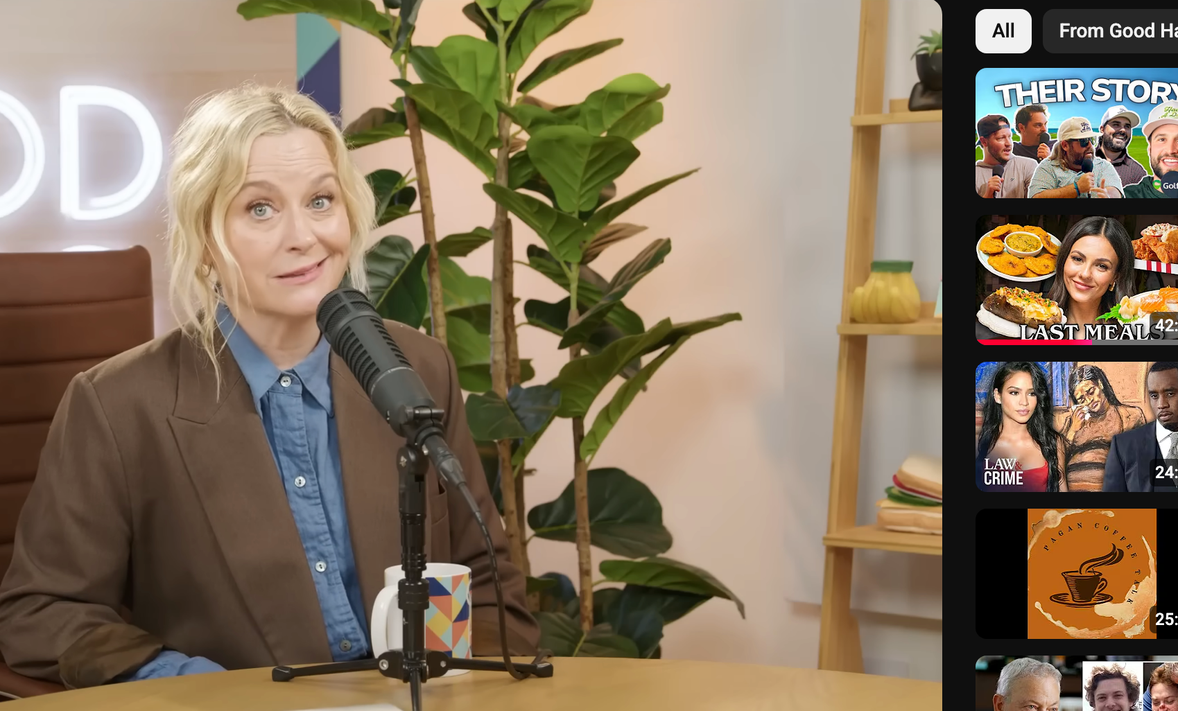 Amy Poehler pulling a face at the camera during a podcast appearance