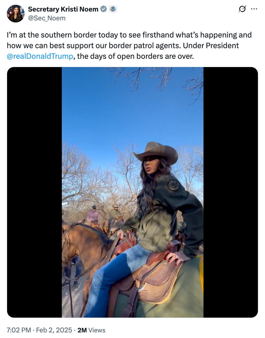 Woman on horseback wearing a hat and jacket, linked to a post about visiting the southern border to discuss border patrol support