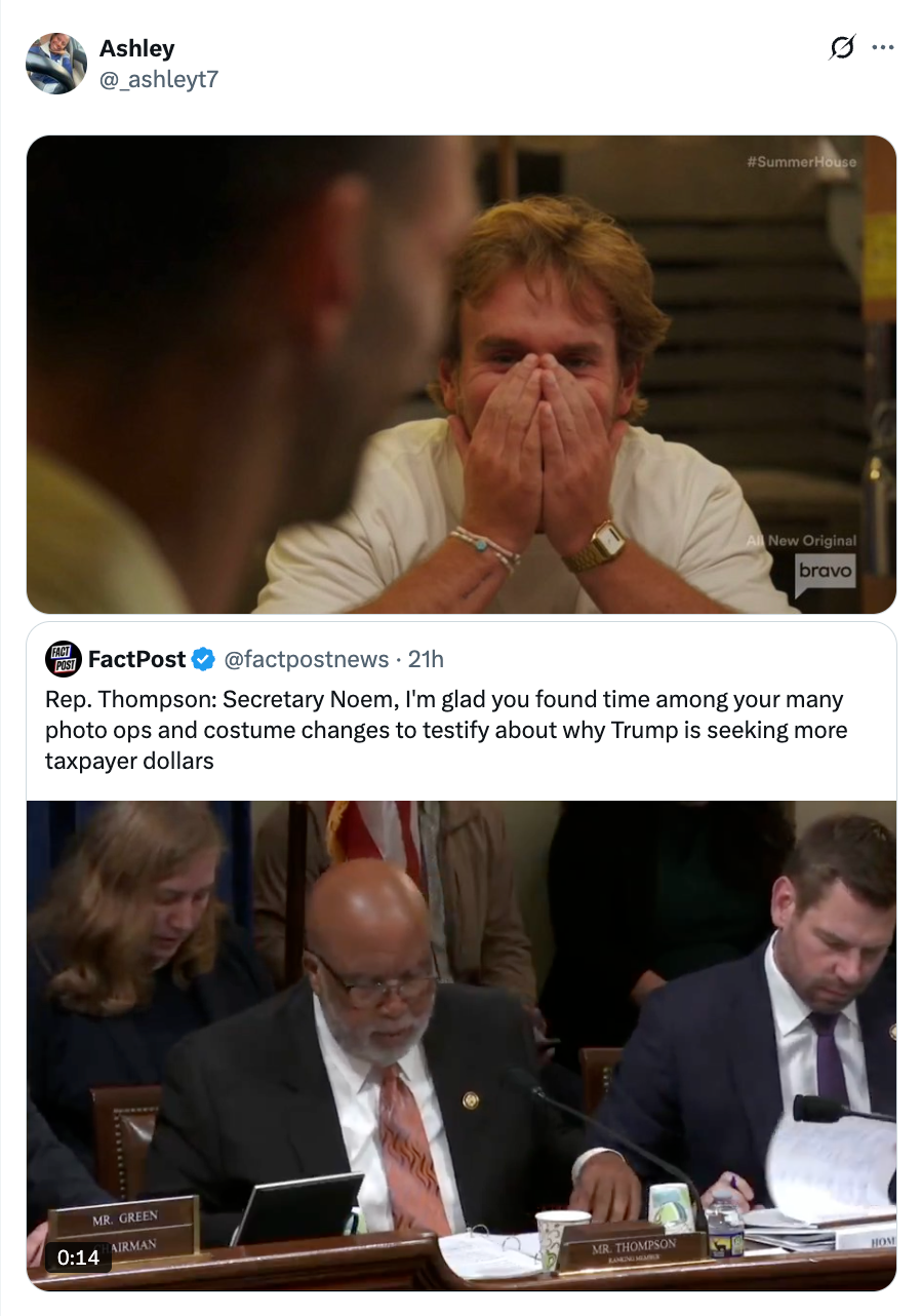 Man covers mouth in surprise on top. Bottom: Rep. Thompson questions someone about Trump's use of taxpayer dollars in a committee meeting