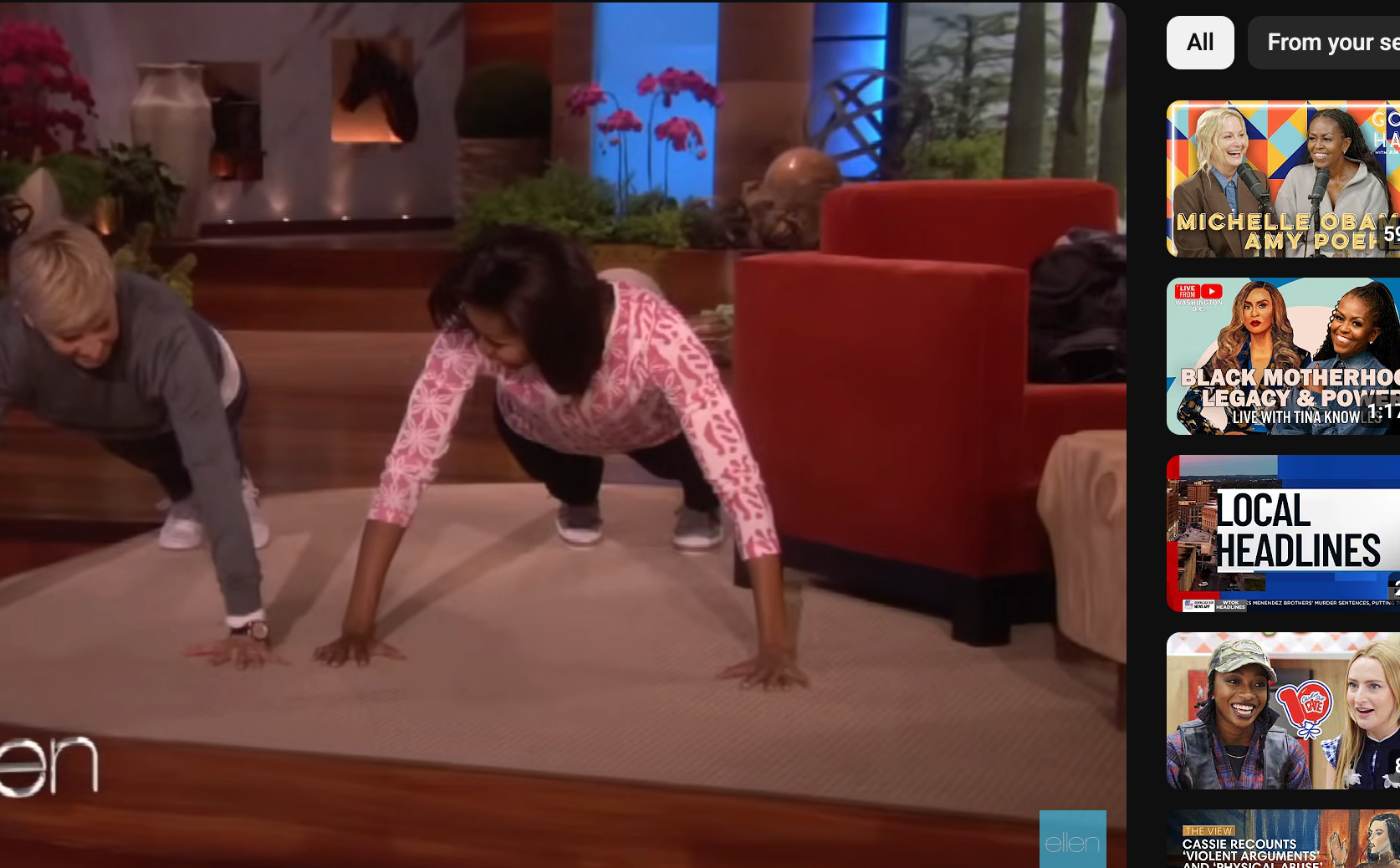 Ellen DeGeneres and Michelle Obama doing push-ups on a TV set
