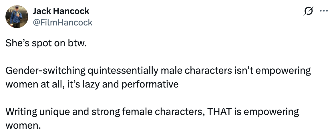 Tweet criticizing the gender-switching of male characters as lazy, advocating for the creation of unique, strong female characters instead